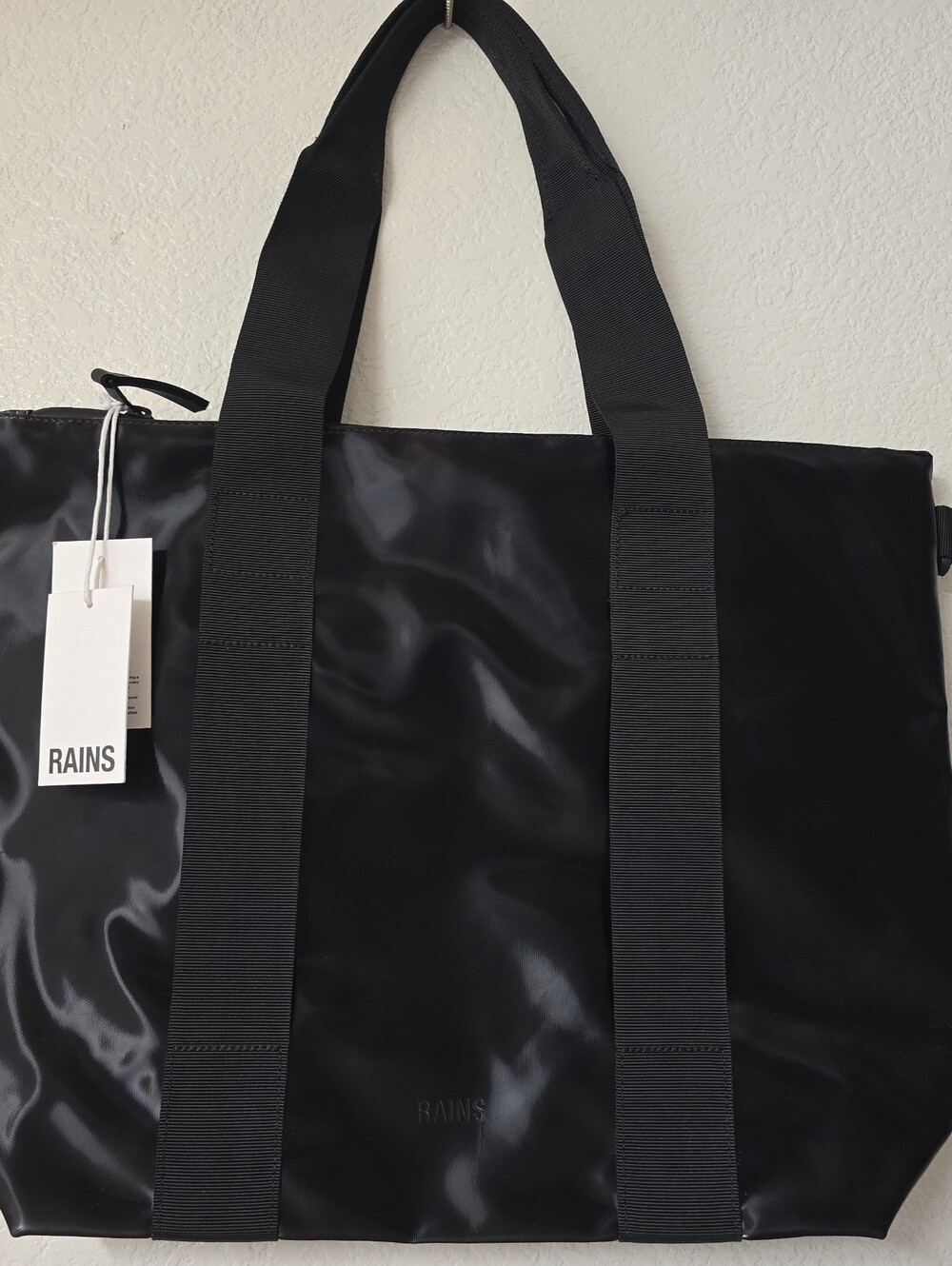 Rains Black Tote Bag with Wide Webbed Handles
